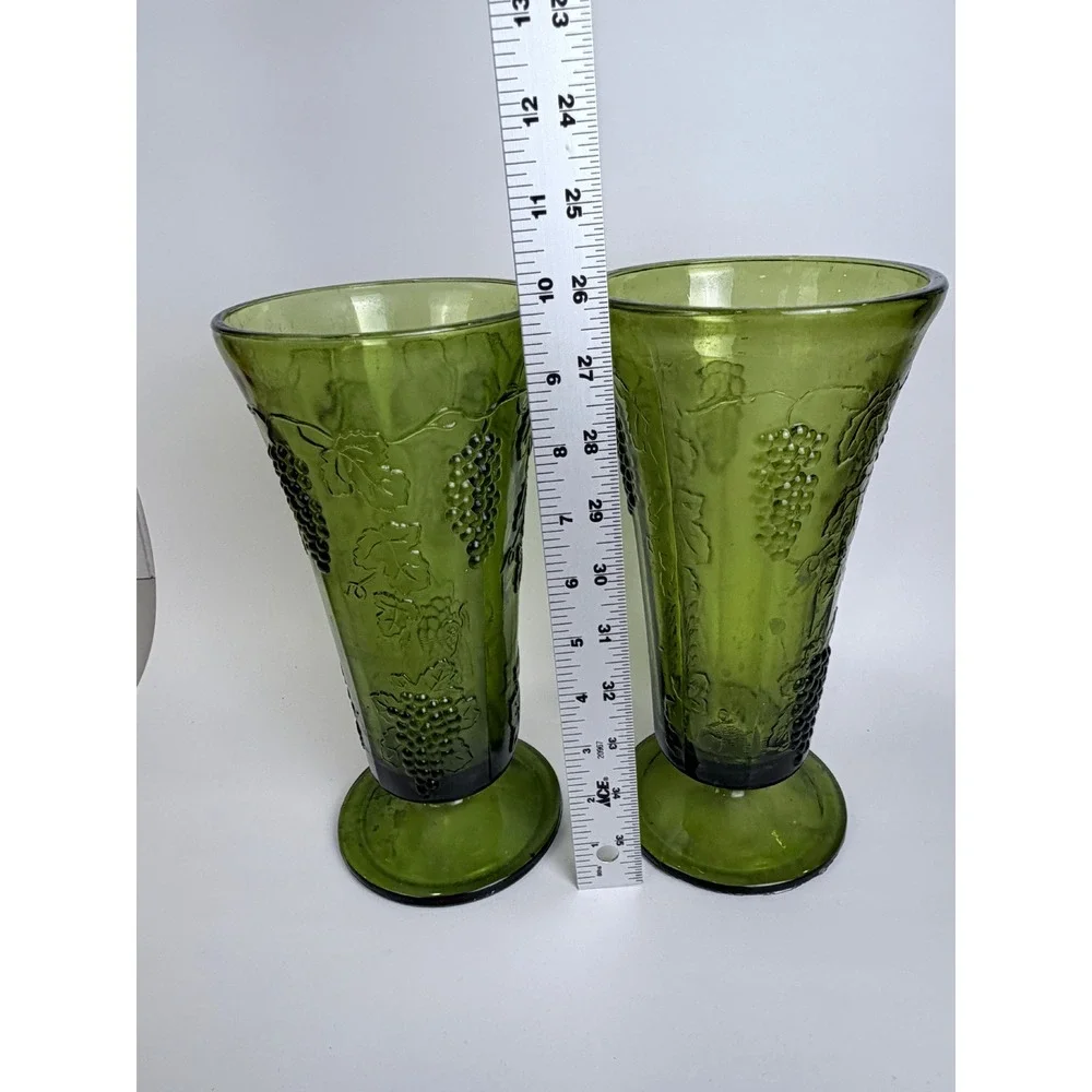 Vintage Indiana Glass Green Grape Harvest Pressed Glass Trumpet Vases Set of 2